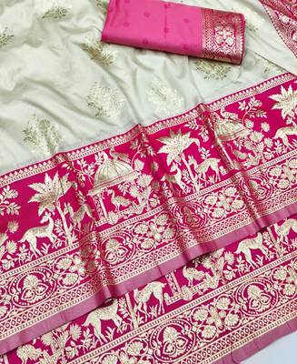 Cream zari woven silk blend traditional saree with blouse piece 3