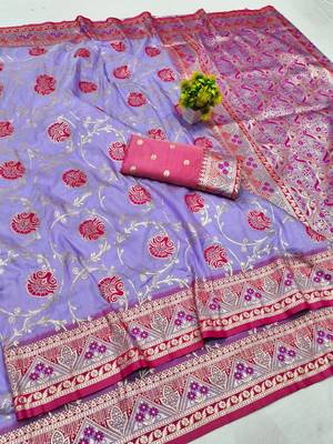 Purple zari woven silk blend traditional saree with blouse piece 1