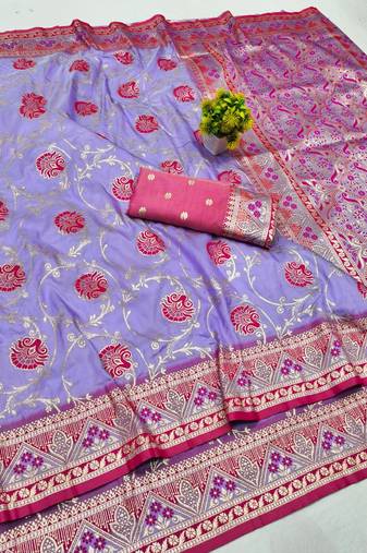 Purple zari woven banarasi silk blend traditional saree with blouse piece