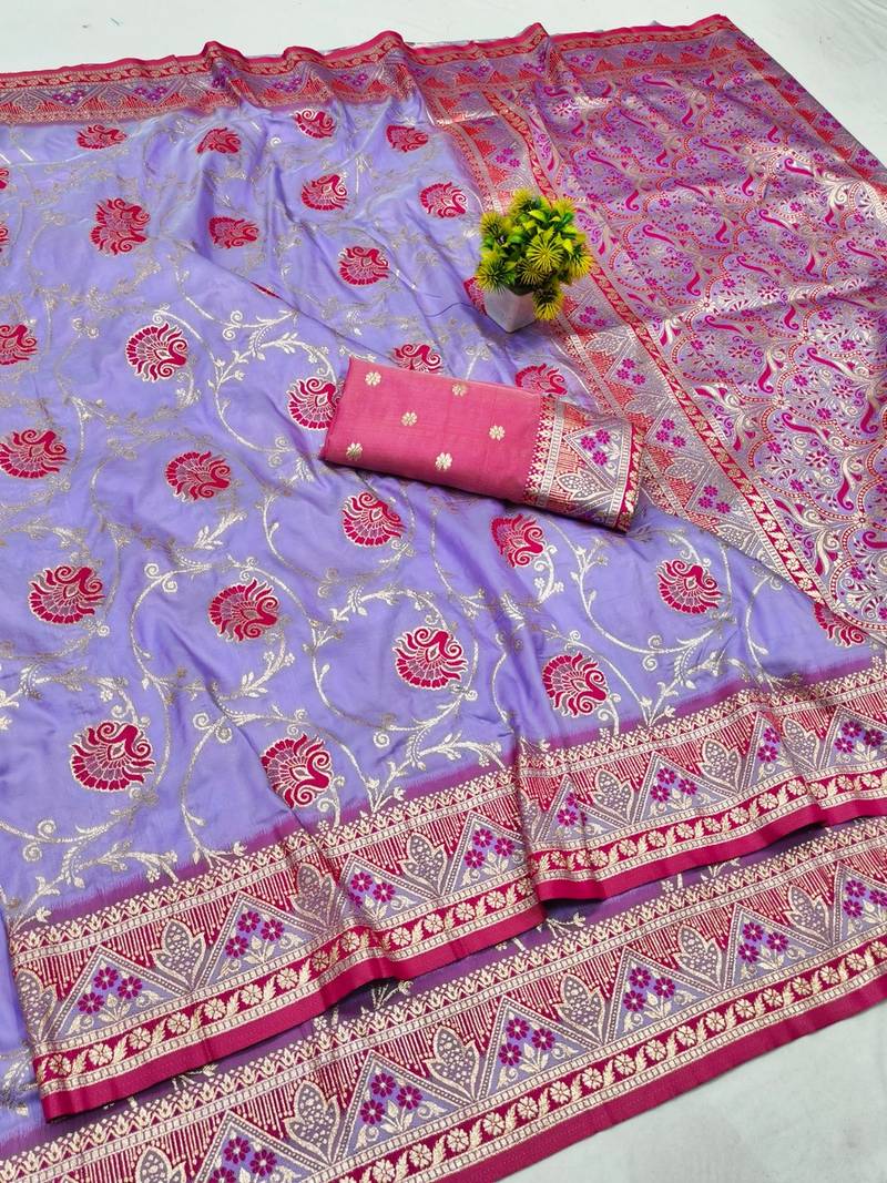Purple zari woven banarasi silk blend traditional saree with blouse piece