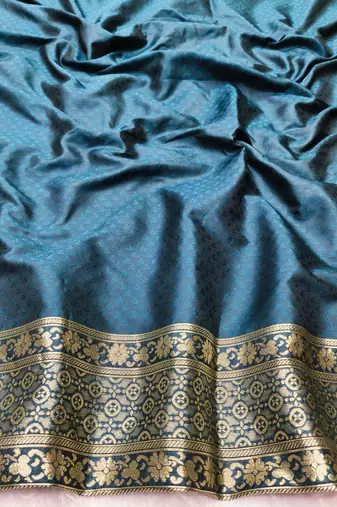 Navy blue zari woven silk blend traditional saree with blouse piece