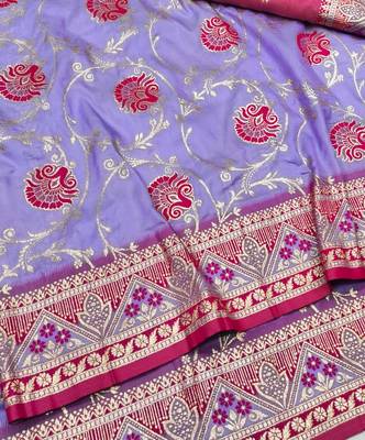 Purple zari woven silk blend traditional saree with blouse piece 3