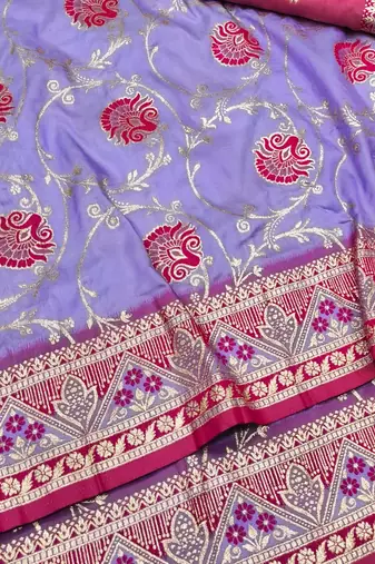 Purple zari woven silk blend traditional saree with blouse piece
