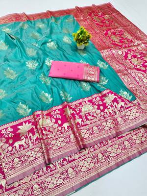 Blue zari woven silk blend traditional saree with blouse piece 1