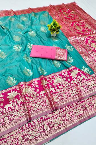 Blue zari woven banarasi silk blend traditional saree with blouse piece