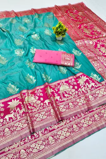Blue zari woven banarasi silk blend traditional saree with blouse piece