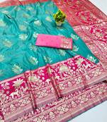 Blue zari woven banarasi silk blend traditional saree with blouse piece