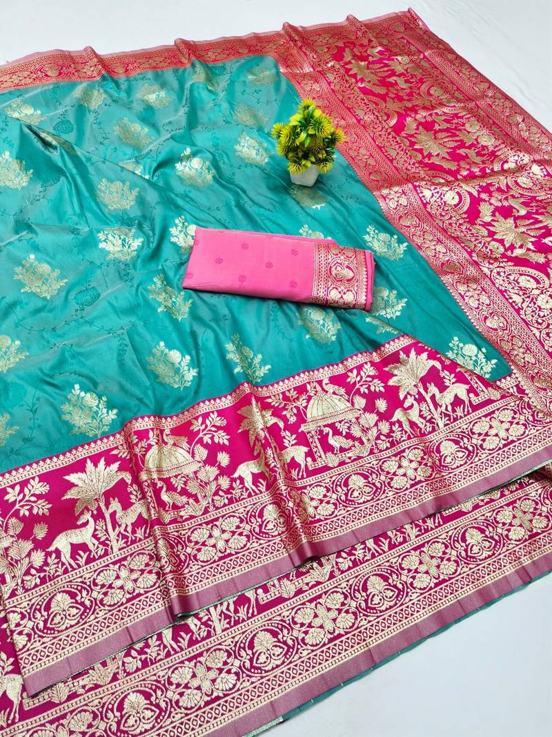 Blue zari woven banarasi silk blend traditional saree with blouse piece
