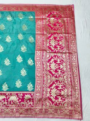 Blue zari woven silk blend traditional saree with blouse piece 2
