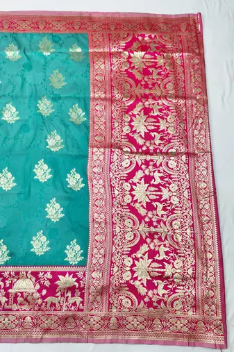 Blue zari woven silk blend traditional saree with blouse piece