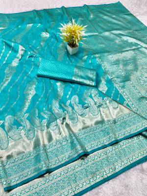Blue zari woven silk blend traditional saree with blouse piece 1