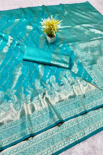 Blue zari woven banarasi silk blend traditional saree with blouse piece