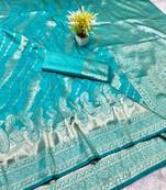 Blue zari woven banarasi silk blend traditional saree with blouse piece