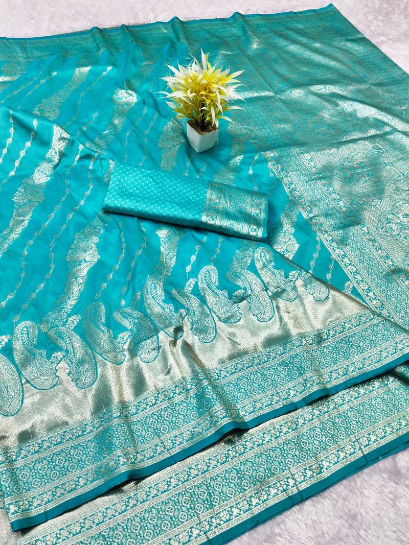 Blue zari woven banarasi silk blend traditional saree with blouse piece