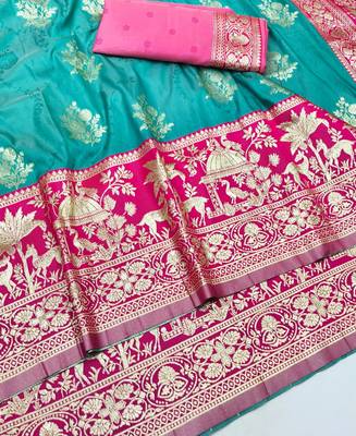 Blue zari woven silk blend traditional saree with blouse piece 3