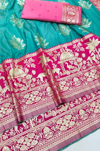 Blue zari woven silk blend traditional saree with blouse piece