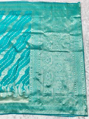 Blue zari woven silk blend traditional saree with blouse piece 2