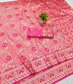 Pink zari woven banarasi silk blend traditional saree with blouse piece