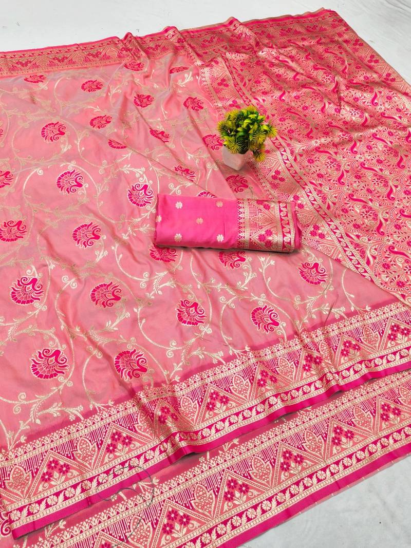 Pink zari woven banarasi silk blend traditional saree with blouse piece