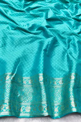 Blue zari woven silk blend traditional saree with blouse piece