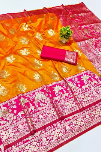 Mustard zari woven banarasi silk blend traditional saree with blouse piece