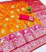 Mustard zari woven banarasi silk blend traditional saree with blouse piece