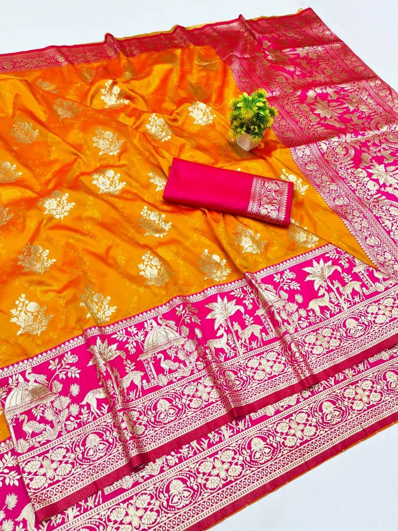 Mustard zari woven banarasi silk blend traditional saree with blouse piece