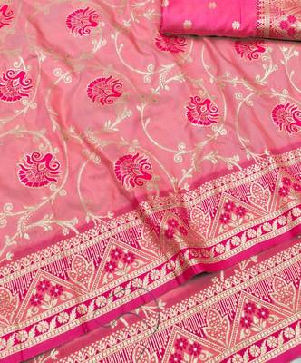 Pink zari woven silk blend traditional saree with blouse piece 3