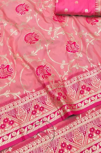 Pink zari woven silk blend traditional saree with blouse piece