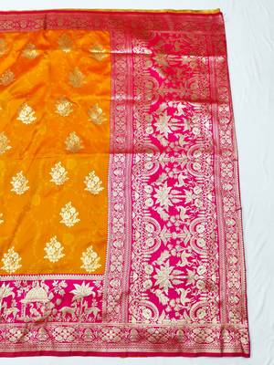 Mustard zari woven silk blend traditional saree with blouse piece 2