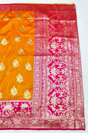 Mustard zari woven silk blend traditional saree with blouse piece