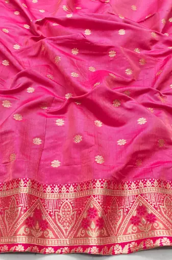 Pink zari woven silk blend traditional saree with blouse piece