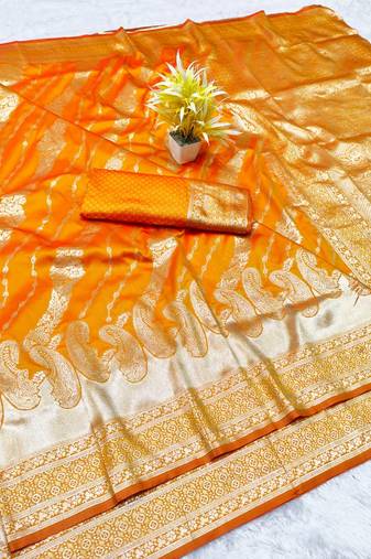 Gold zari woven banarasi silk blend traditional saree with blouse piece