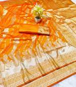 Gold zari woven banarasi silk blend traditional saree with blouse piece