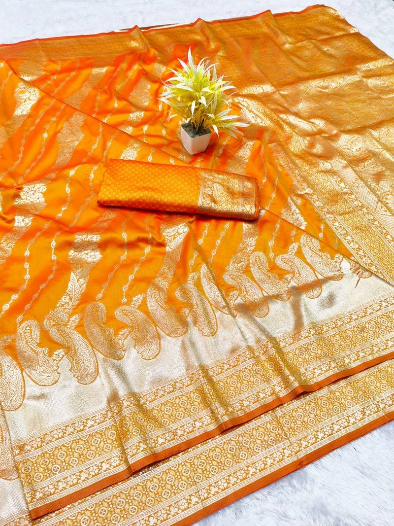 Gold zari woven banarasi silk blend traditional saree with blouse piece