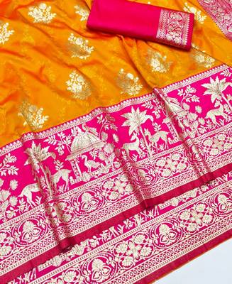 Mustard zari woven silk blend traditional saree with blouse piece 3