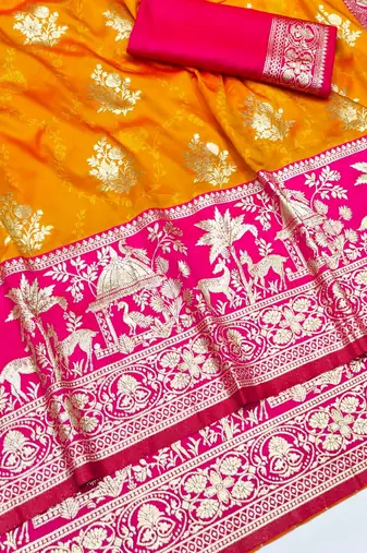 Mustard zari woven silk blend traditional saree with blouse piece