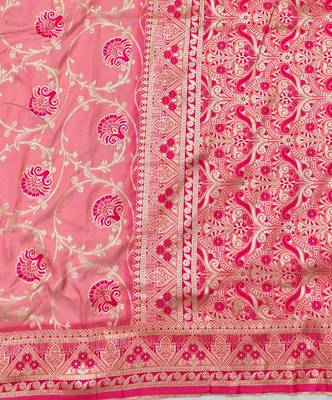 Pink zari woven silk blend traditional saree with blouse piece 5