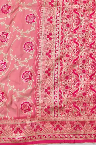 Pink zari woven silk blend traditional saree with blouse piece