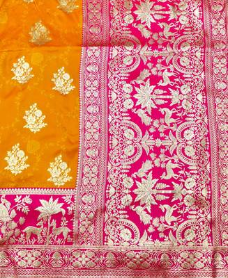 Mustard zari woven silk blend traditional saree with blouse piece 5