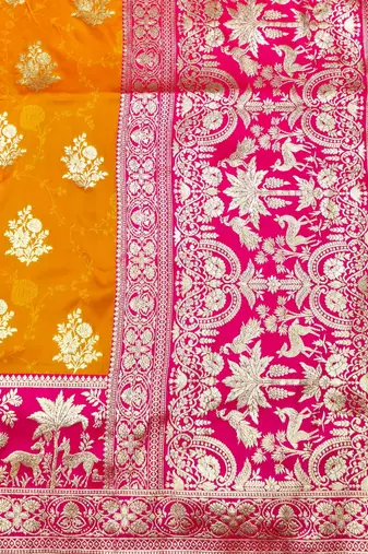 Mustard zari woven silk blend traditional saree with blouse piece