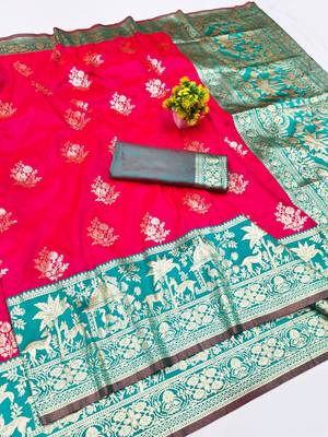 Rani zari woven silk blend traditional saree with blouse piece 1