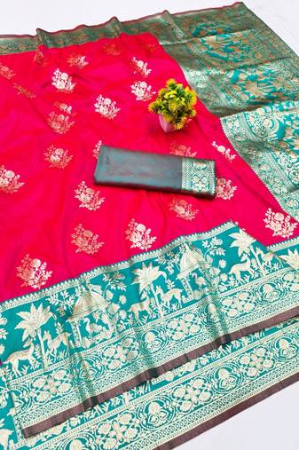 Rani zari woven banarasi silk blend traditional saree with blouse piece