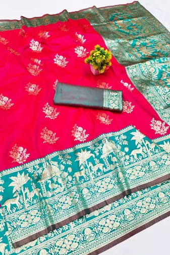 Rani zari woven banarasi silk blend traditional saree with blouse piece