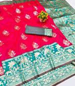 Rani zari woven banarasi silk blend traditional saree with blouse piece