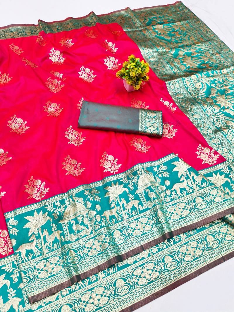 Rani zari woven banarasi silk blend traditional saree with blouse piece