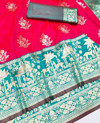 Rani zari woven silk blend traditional saree with blouse piece 3