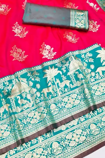 Rani zari woven silk blend traditional saree with blouse piece