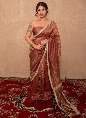 brown kota tissue silk saree with gota work pallu 1