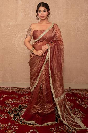 brown kota tissue silk saree with gota work pallu